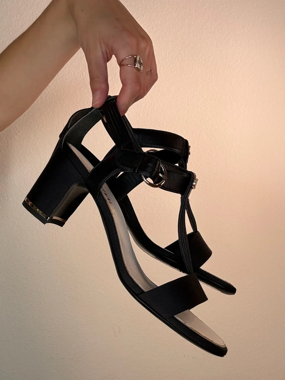 CHANEL Black T-Strap Heel w/ Faux Pearl CC Logo